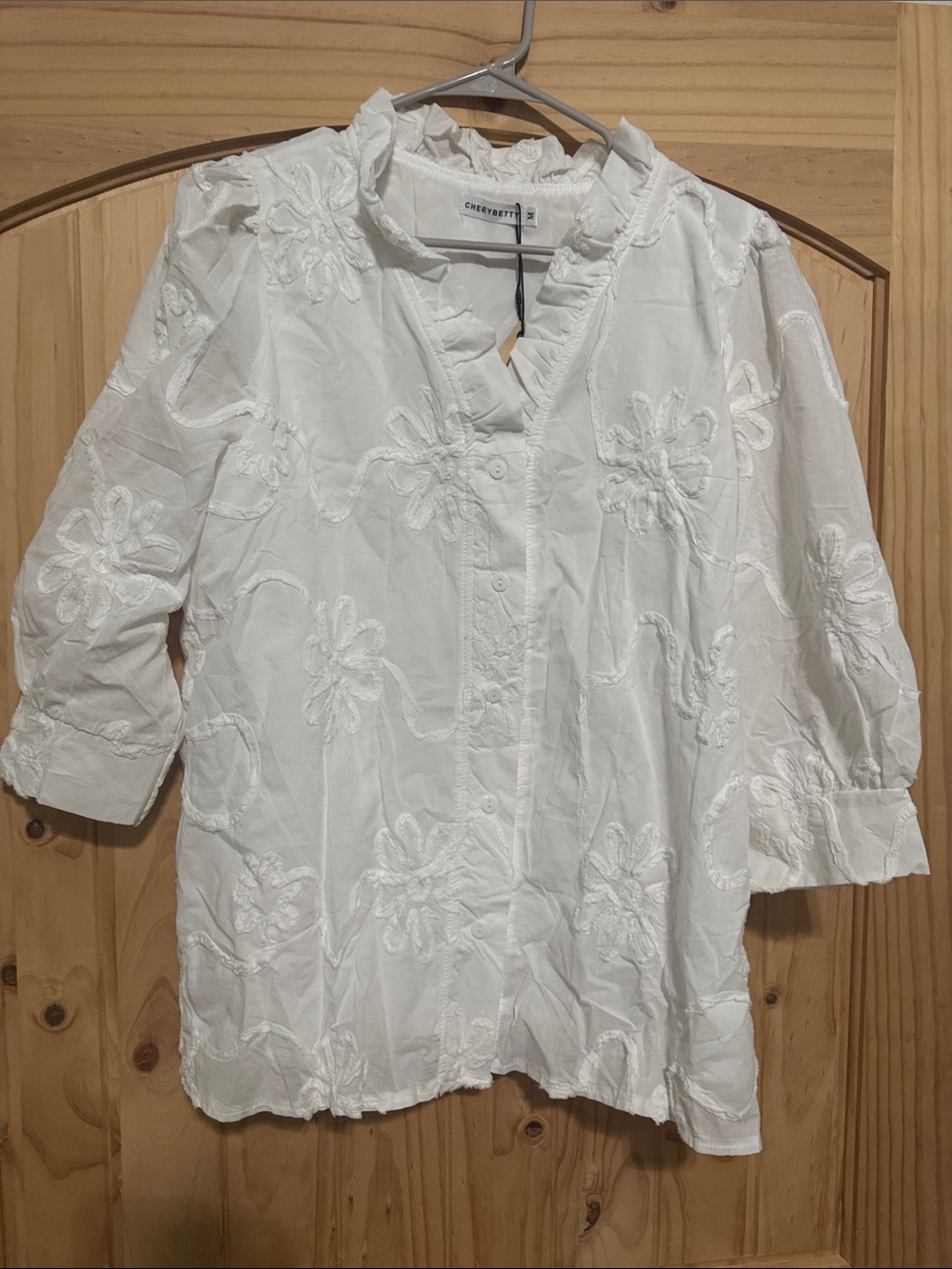 Chelsea28 White Embroidered Ruffle-Neck Blouse